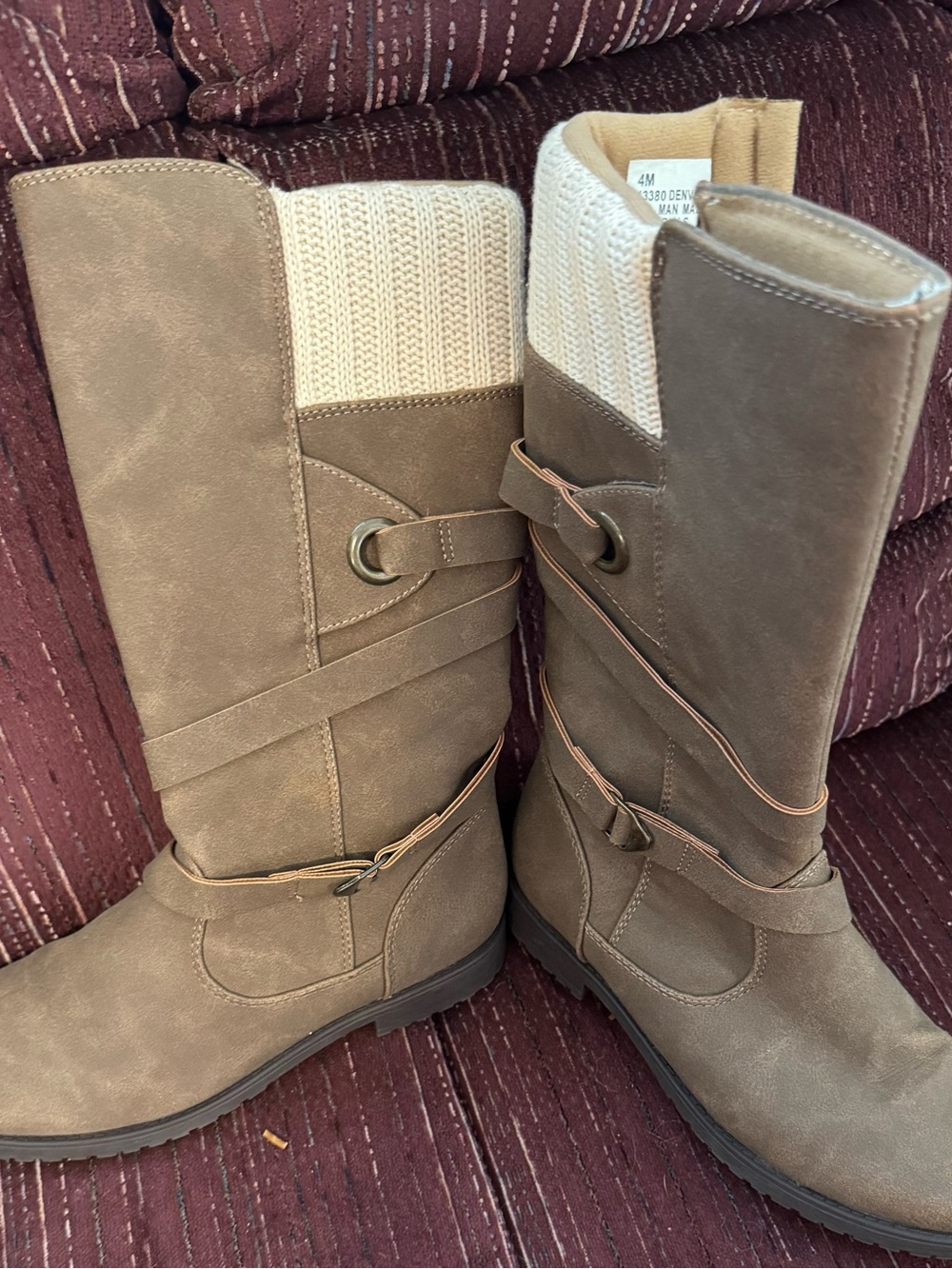 Rachel Shoes Denver Knee High Girls Boots 4M Knit Collar Tan
